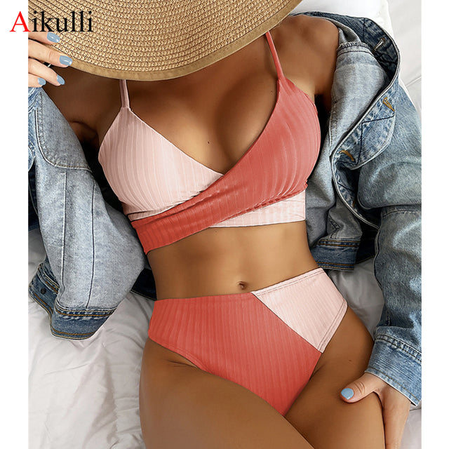 High Waist Bikini Set Patchwork Swimsuit 2022 New Cross Wrap