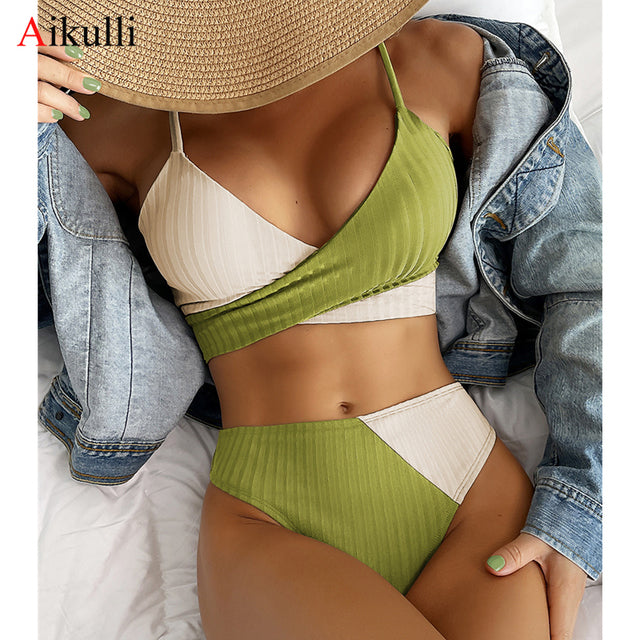 High Waist Bikini Set Patchwork Swimsuit 2022 New Cross Wrap