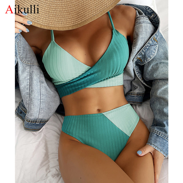 High Waist Bikini Set Patchwork Swimsuit 2022 New Cross Wrap