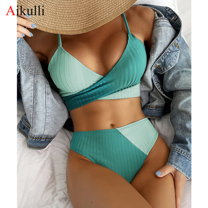 High Waist Bikini Set Patchwork Swimsuit 2022 New Cross Wrap