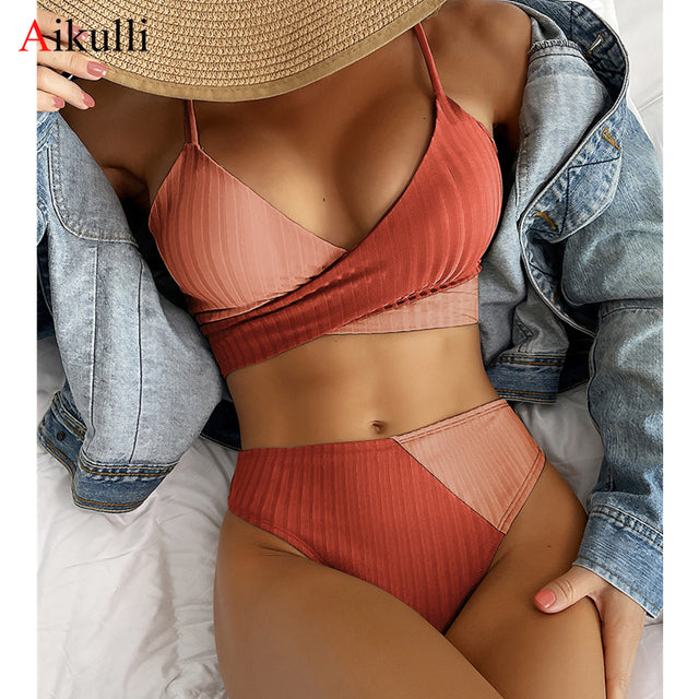 High Waist Bikini Set Patchwork Swimsuit 2022 New Cross Wrap