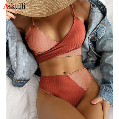 High Waist Bikini Set Patchwork Swimsuit 2022 New Cross Wrap