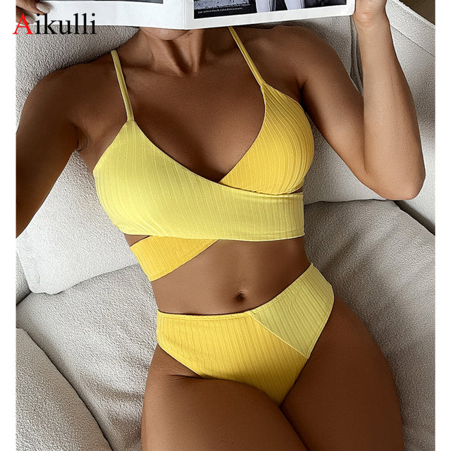 High Waist Bikini Set Patchwork Swimsuit 2022 New Cross Wrap