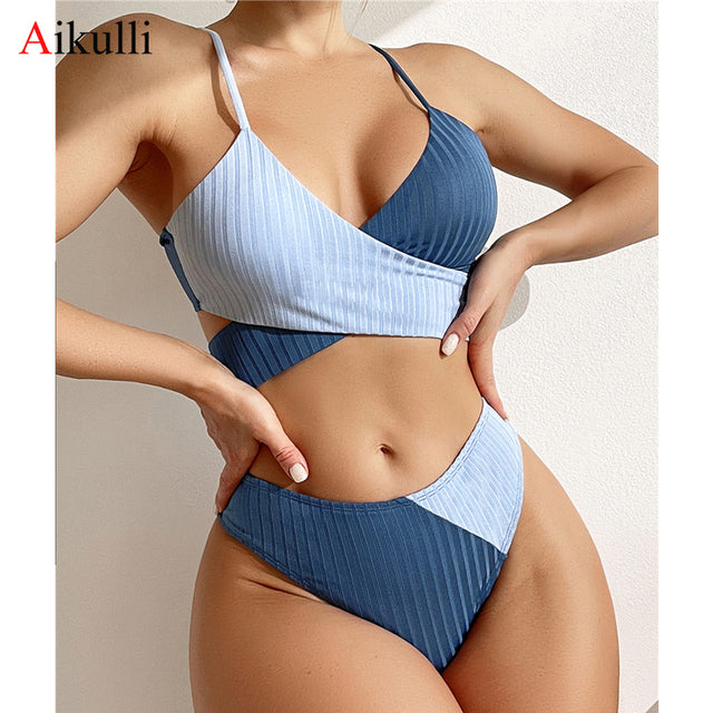 High Waist Bikini Set Patchwork Swimsuit 2022 New Cross Wrap