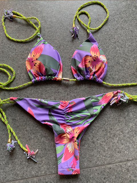Purple Halter women Bikini Set Ribbed Swimsuit